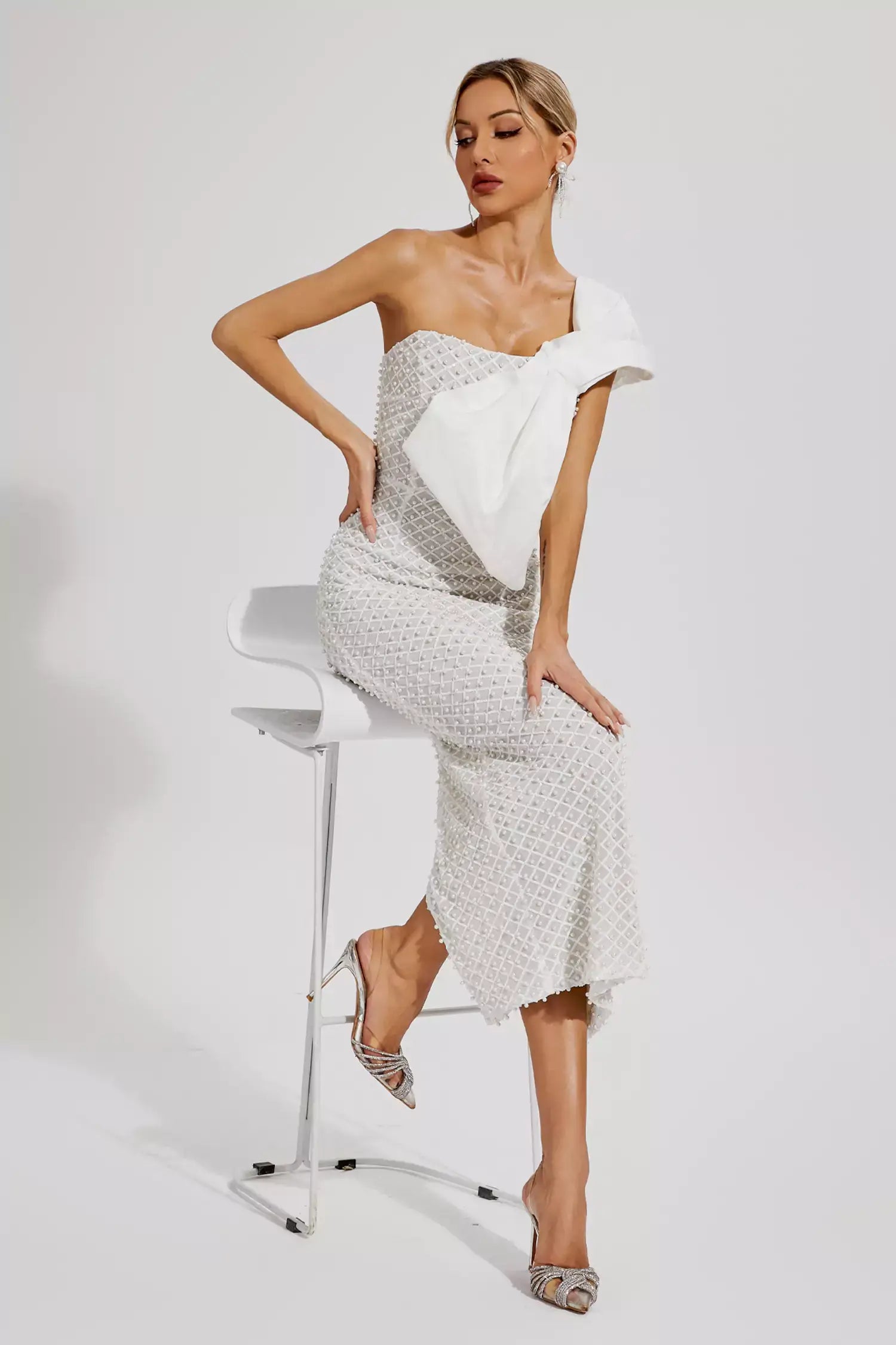 One Shoulder Beaded White Dress - Tania - Image 12