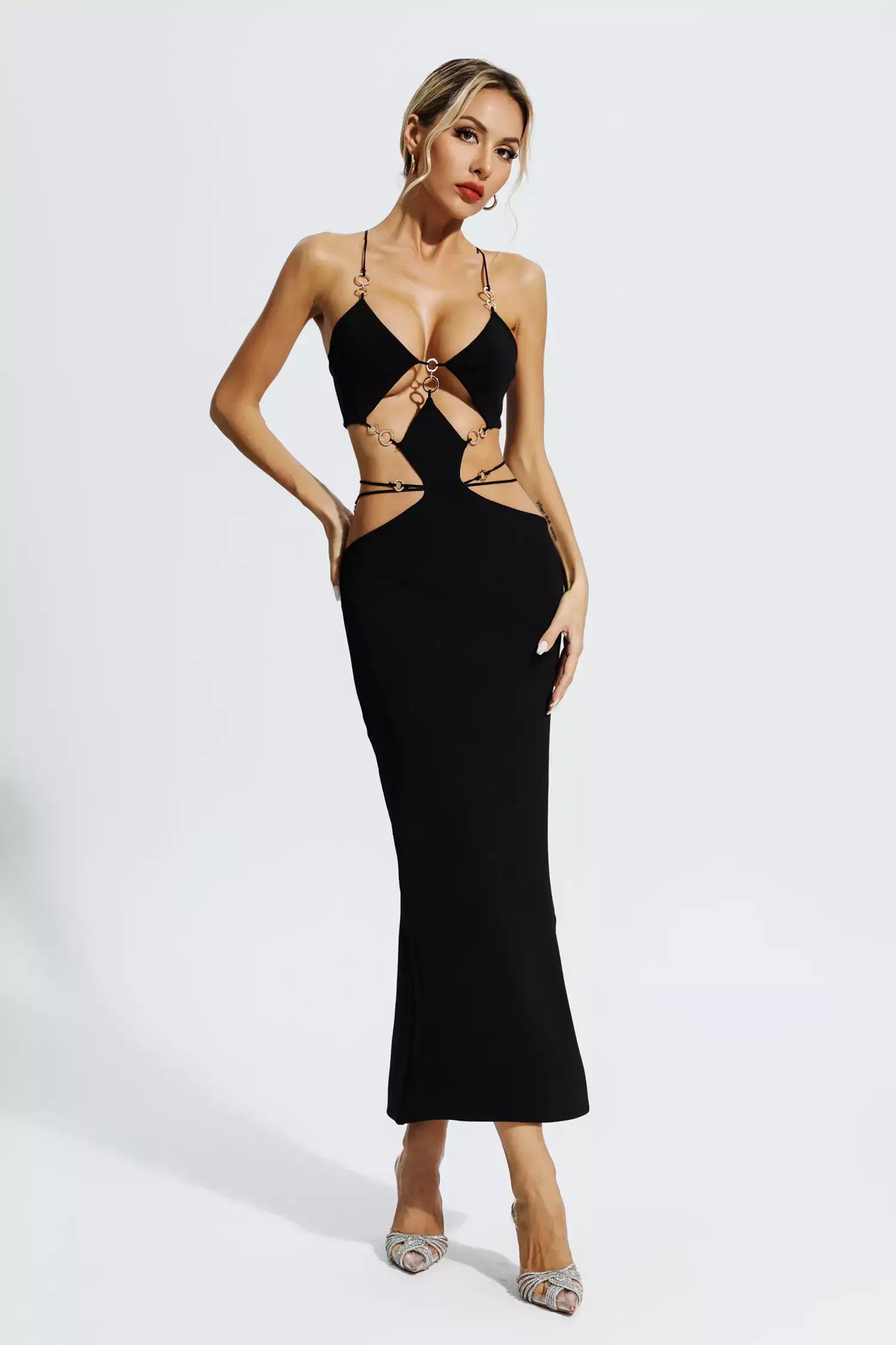 V Neck Backless Cut Out Dress - Aura - Image 8