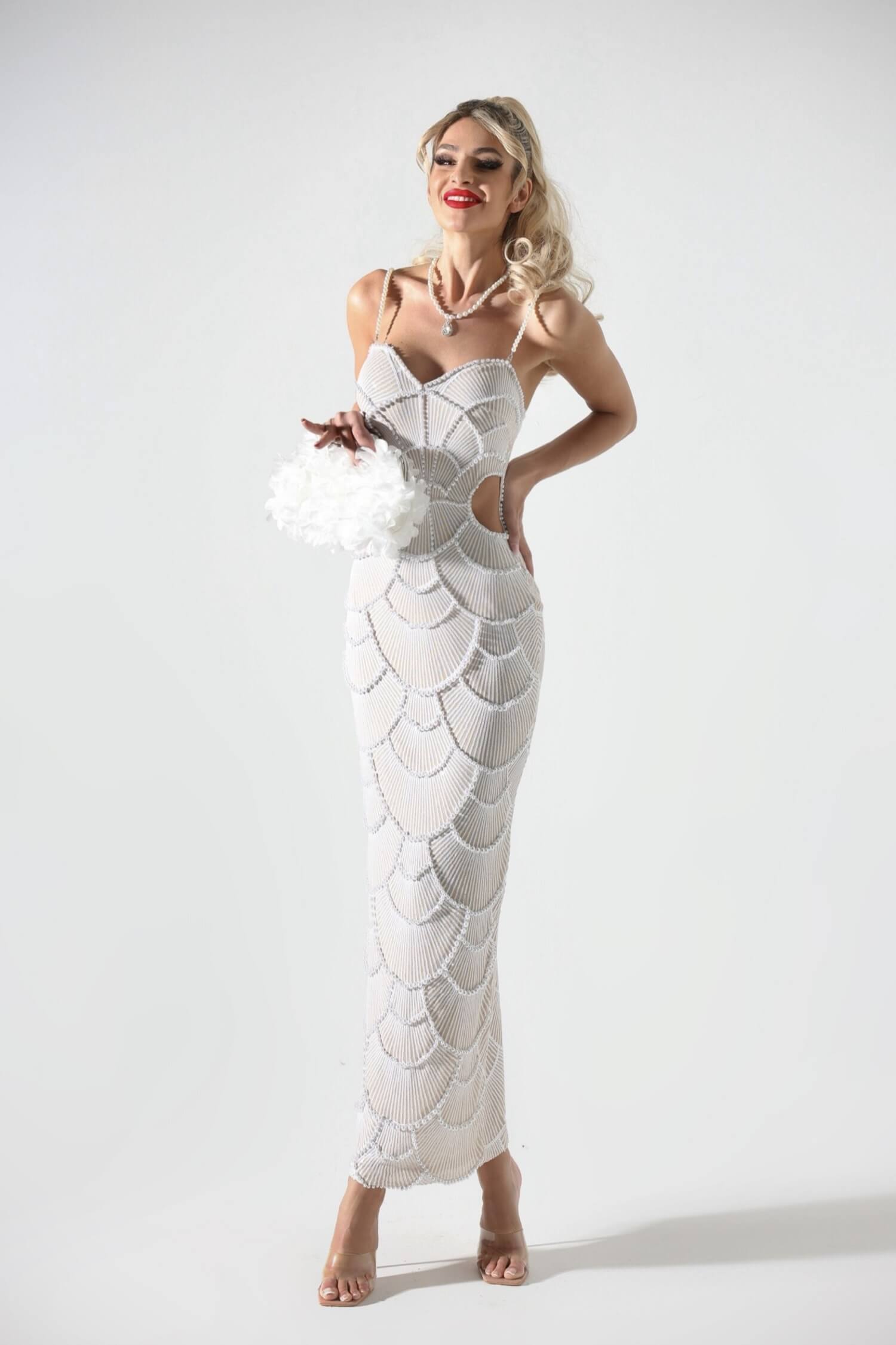 Luxury White Pearl Beading Dress - Thalia - Image 12
