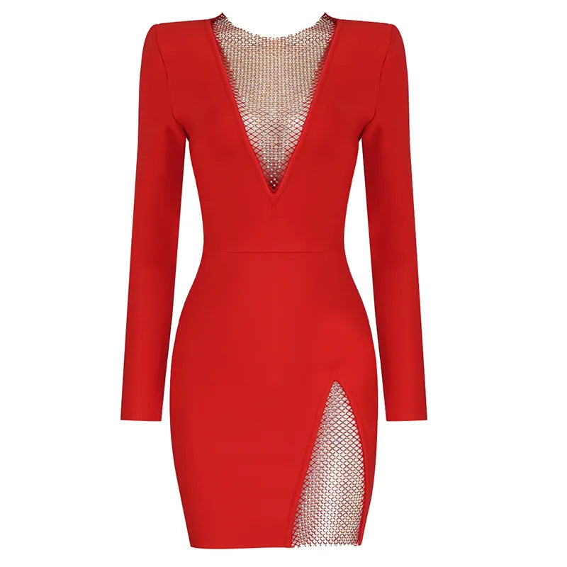 V-neck Mesh Diamond Bodycon Bandage Dress - Suria - Image 12