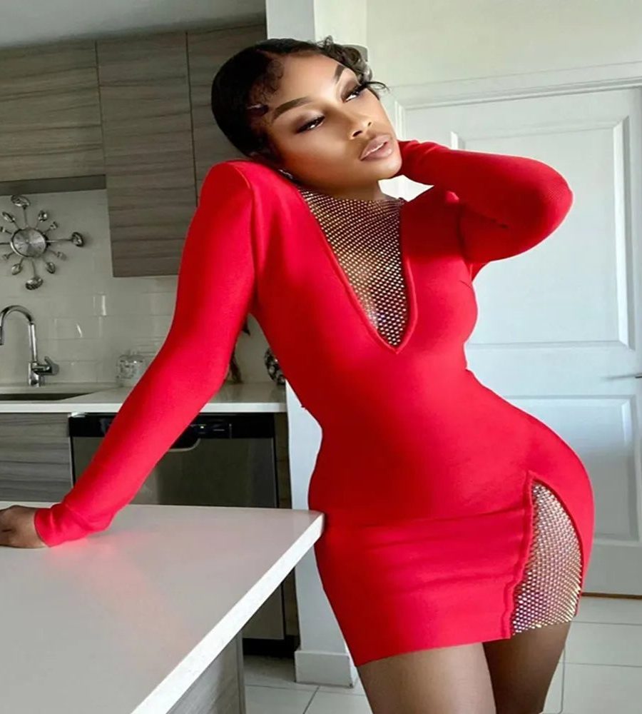 V-neck Mesh Diamond Bodycon Bandage Dress - Suria