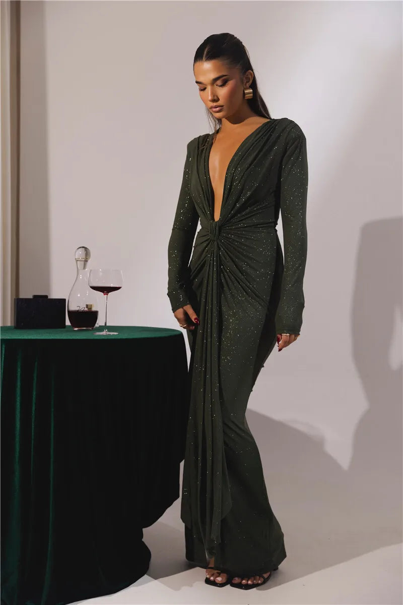 V Neck Sexy Bodycon Shiny Dress - Tulian - Image 12