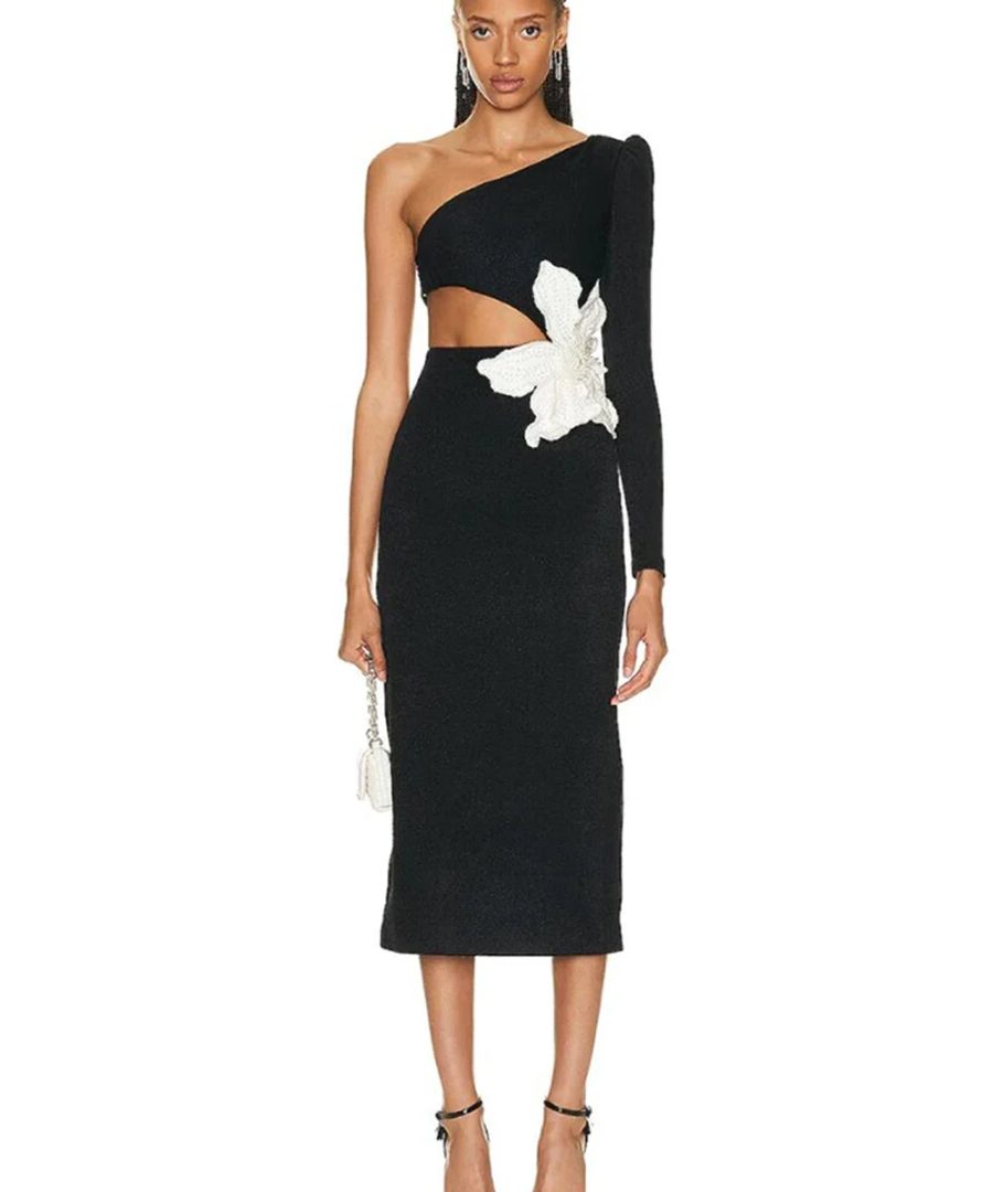 One Shoulder Hollow Out Flower Dress - Suzi