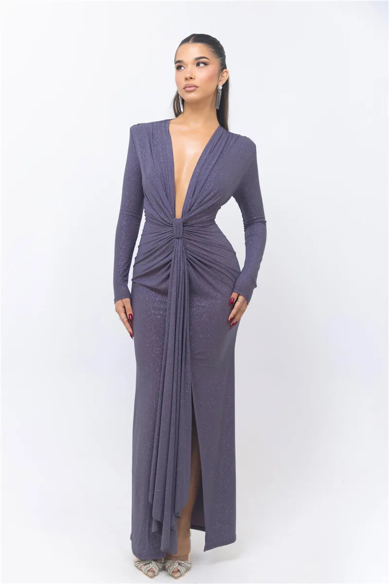 V Neck Sexy Bodycon Shiny Dress - Tulian - Image 18