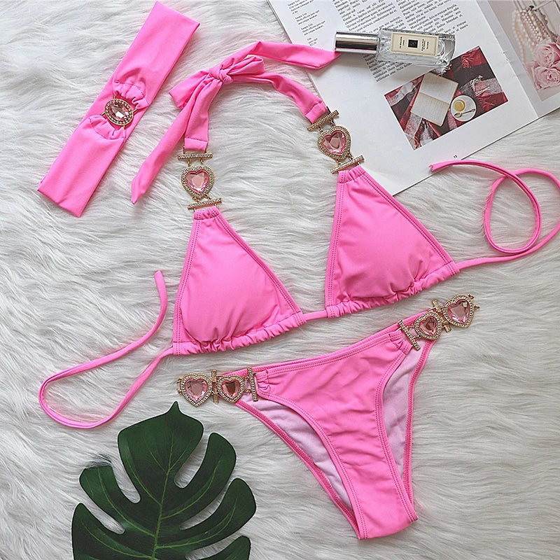 Heart Rhinestones Bikini Set - Lover