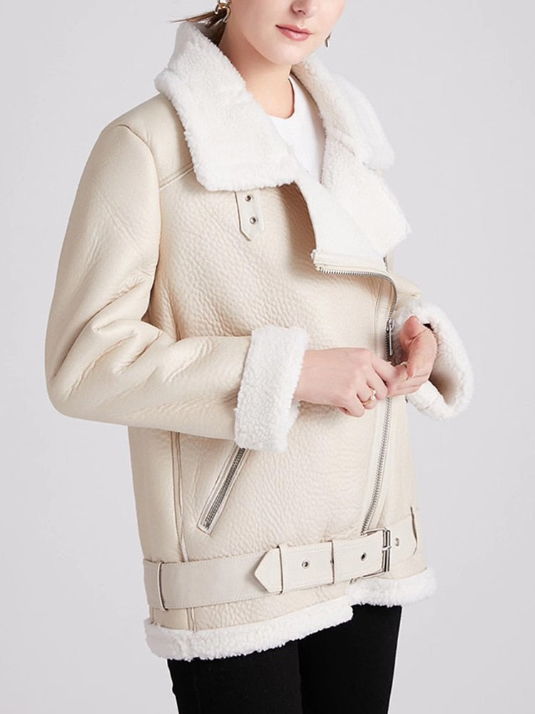 Thick Faux Leather Fur Sheepskin Jacket - Janice - Image 8