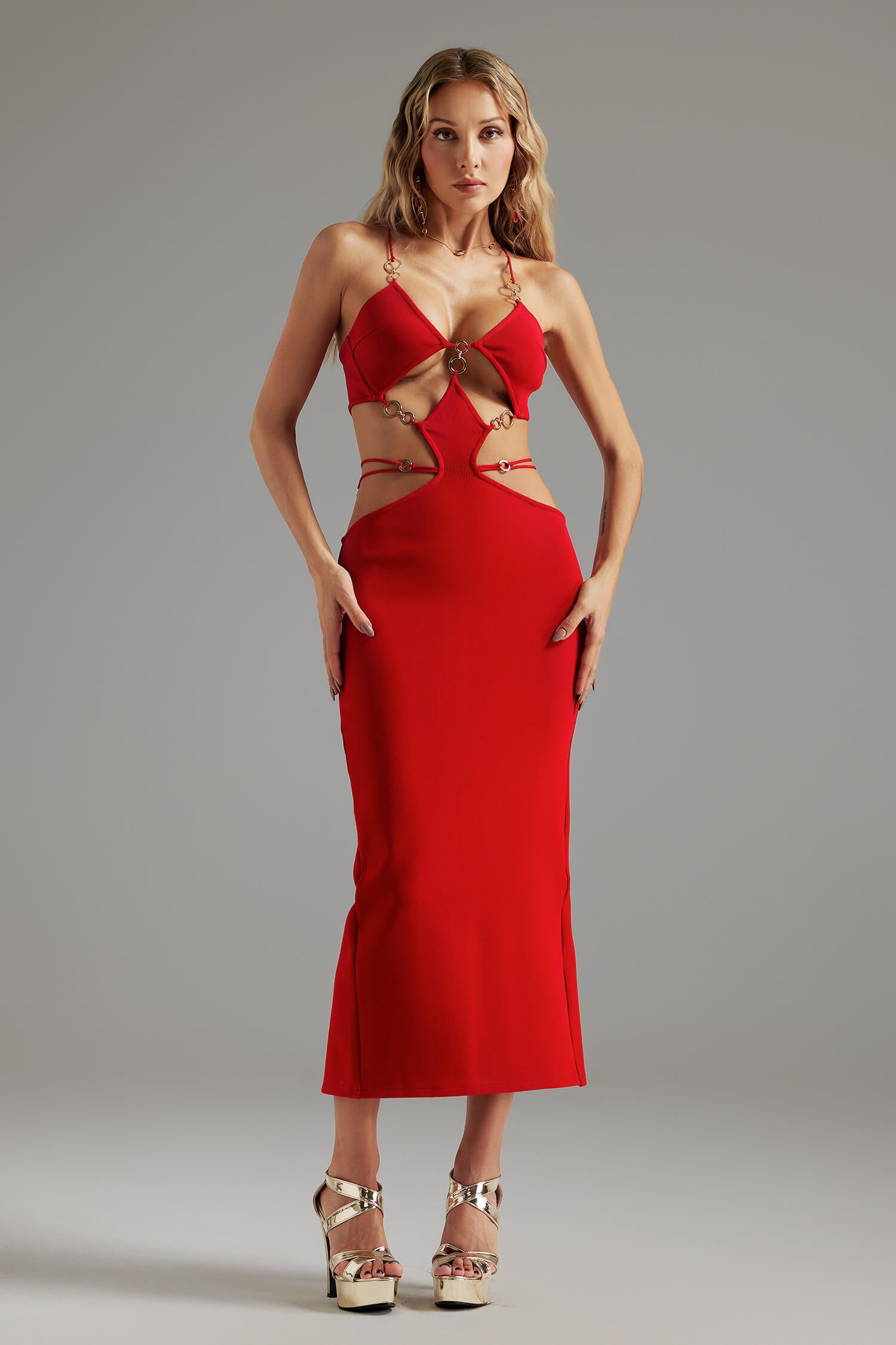 V Neck Backless Cut Out Dress - Aura - Image 15