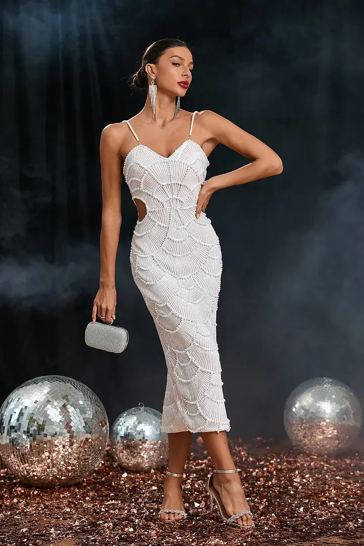 Luxury White Pearl Beading Dress - Thalia - Image 8
