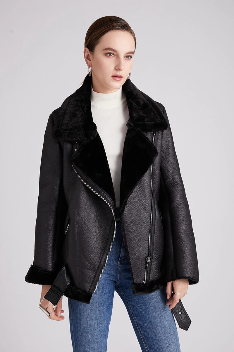 Thick Faux Leather Fur Sheepskin Jacket - clarice - Image 5