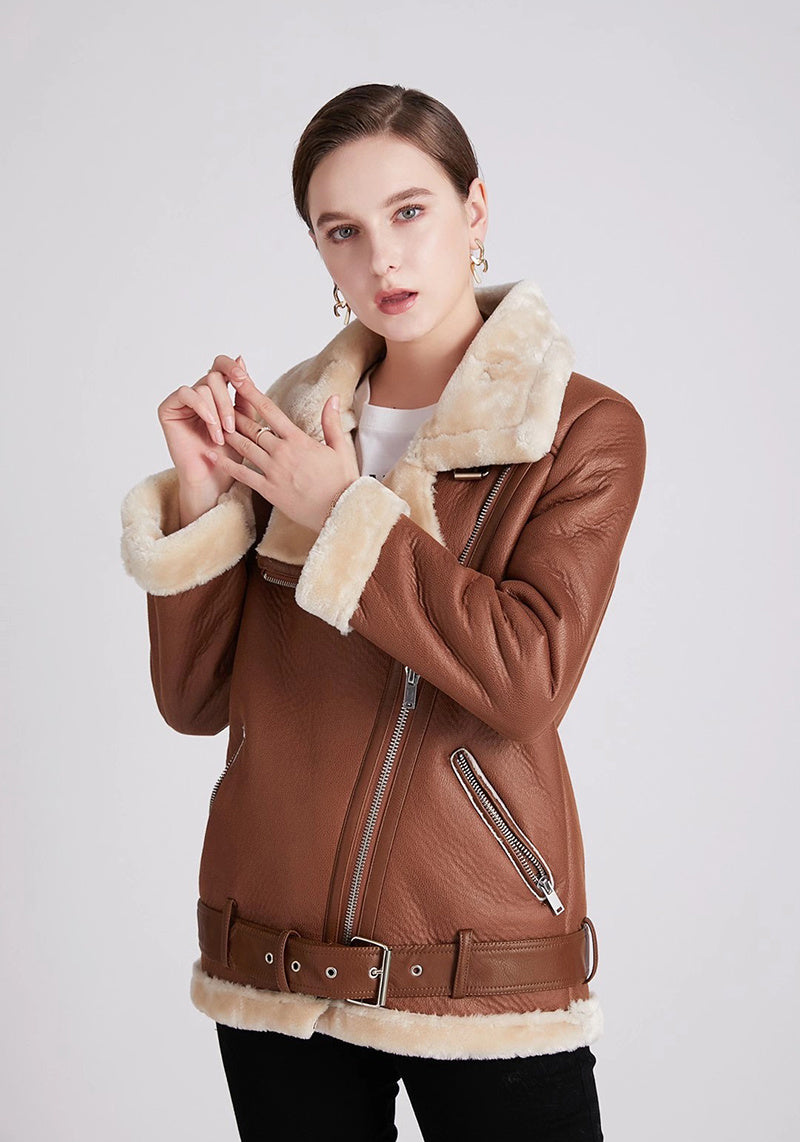 Thick Faux Leather Fur Sheepskin Jacket - Janice - Image 6