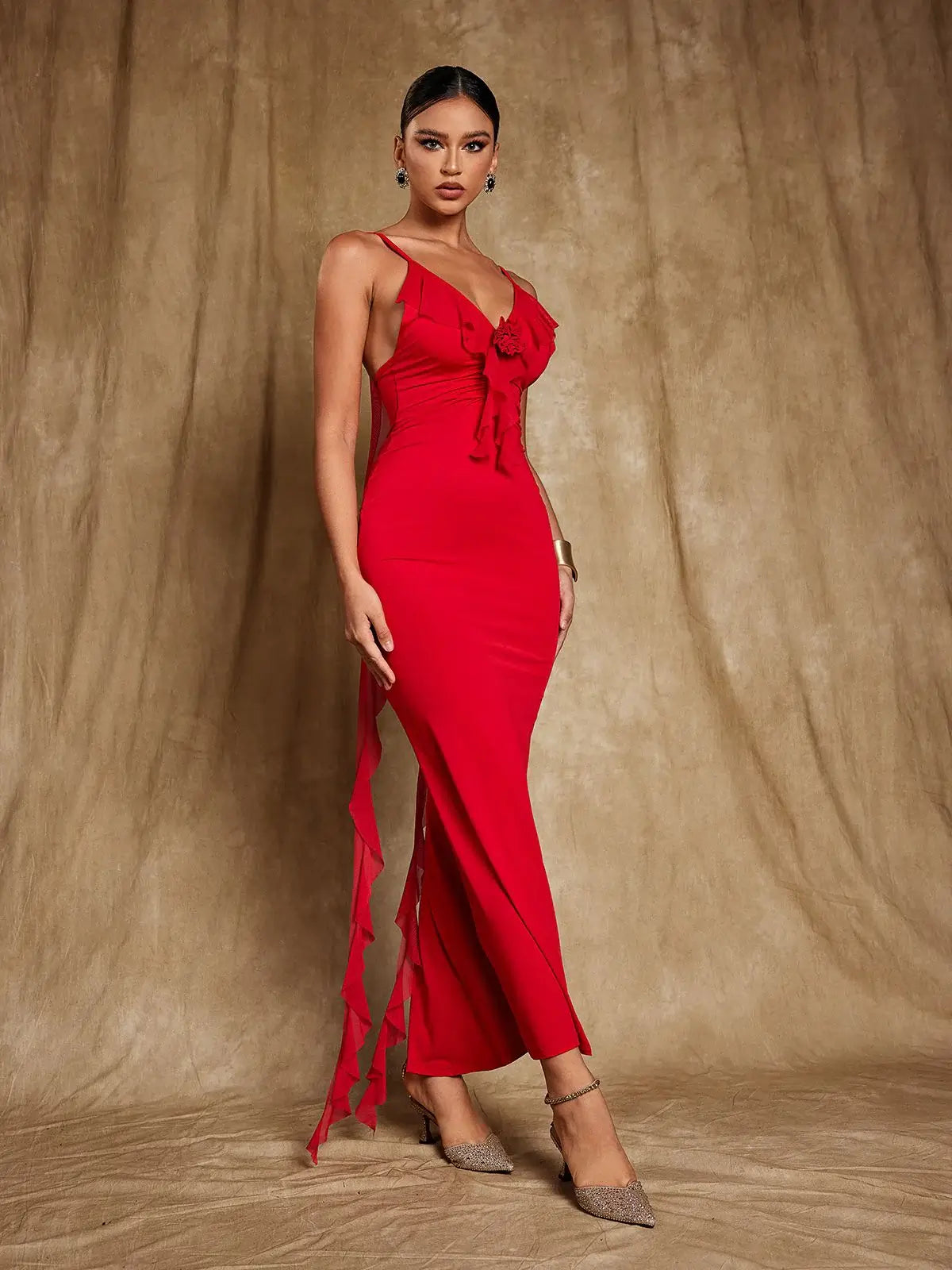 V Neck Backless Draped Dress - Rubia - Image 3