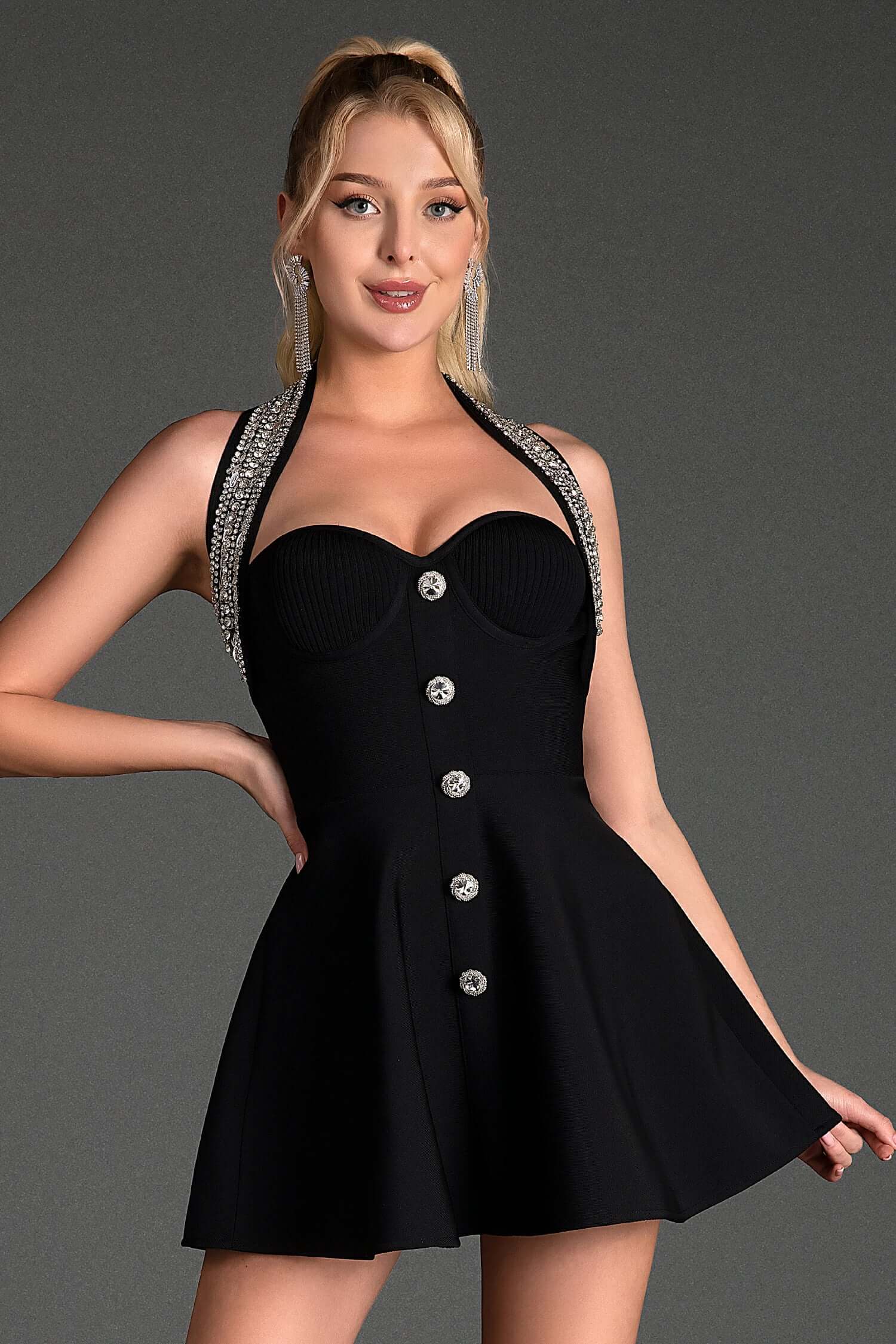 Backless Halter Buttons Dress - Saona